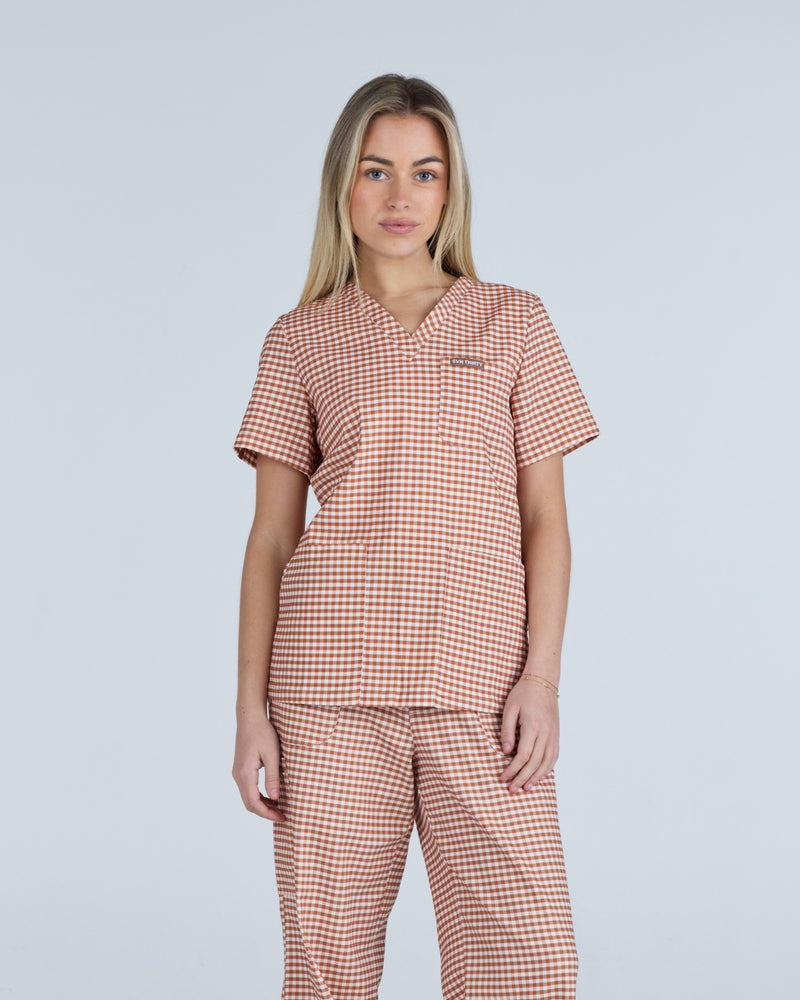Three Pocket Scrub Top Cappuccino Gingham