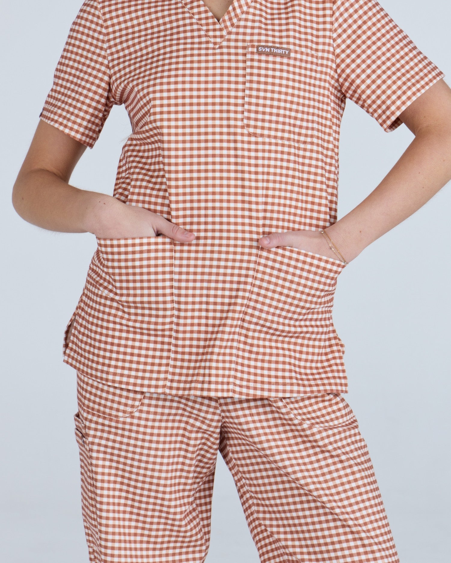 Three Pocket Scrub Top Cappuccino Gingham