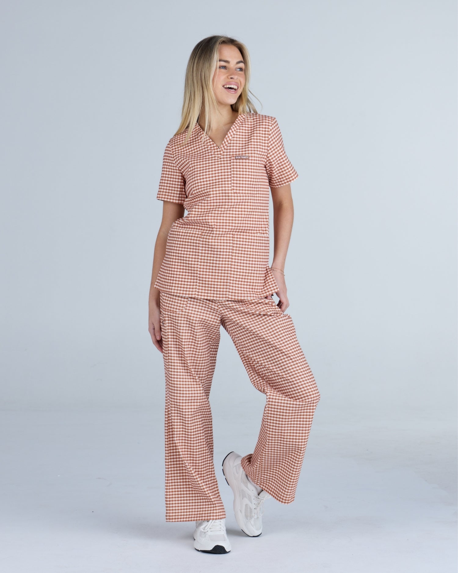 Three Pocket Scrub Top Cappuccino Gingham