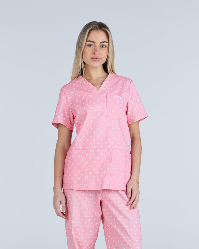 Three Pocket Scrub Top Peony Polka