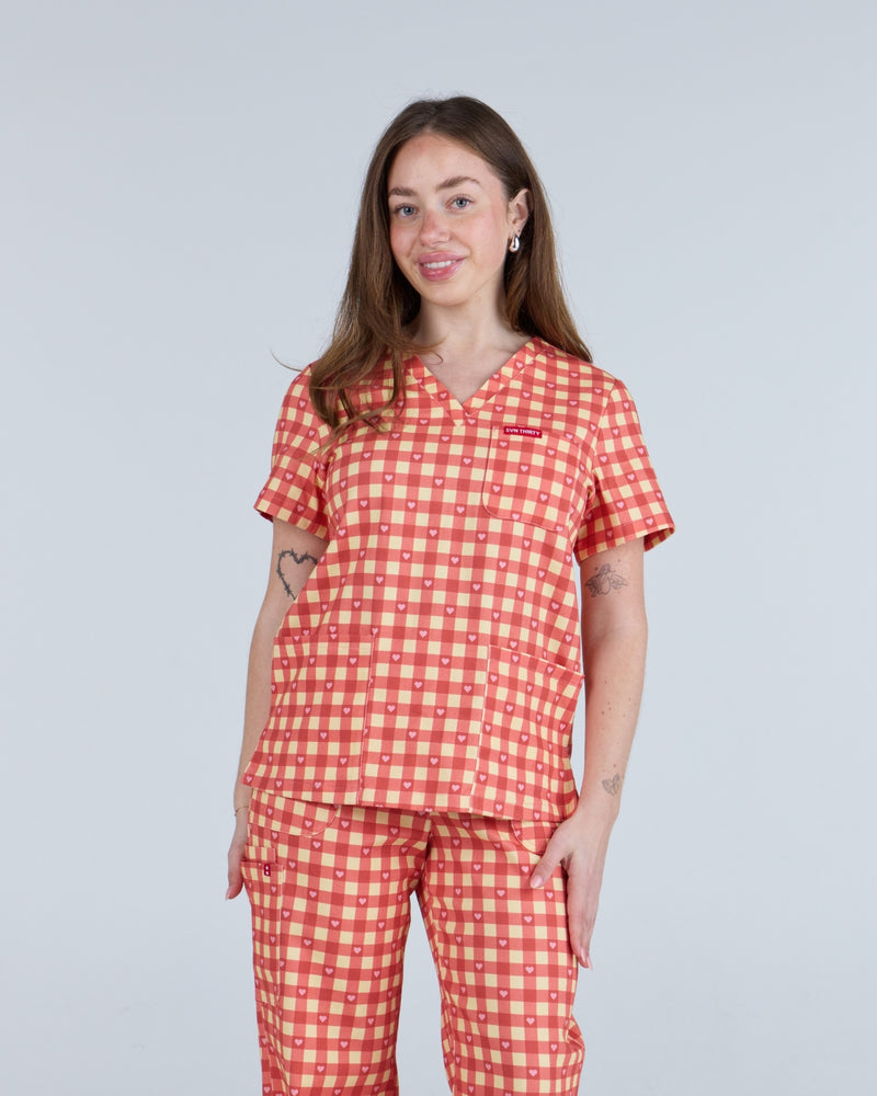 Three Pocket Scrub Top Ruby Gingham