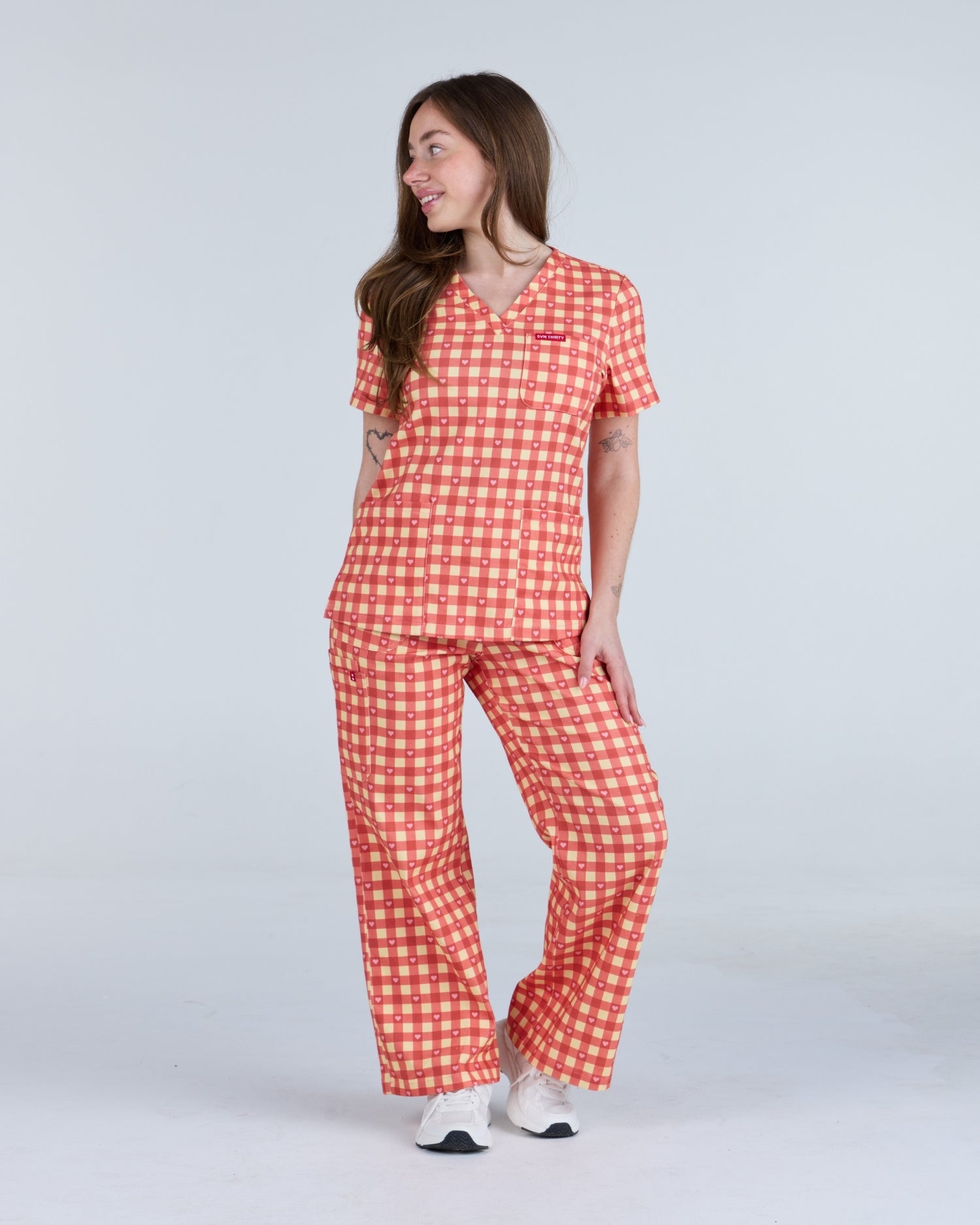 Three Pocket Scrub Top Ruby Gingham