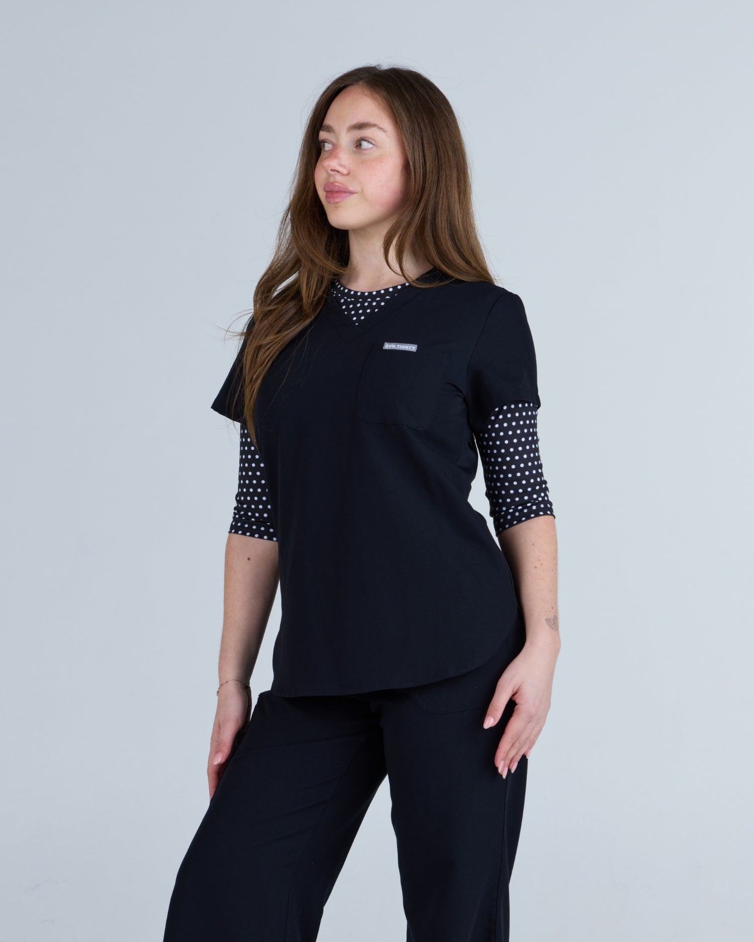 3/4 Sleeve Underscrub Black and White Polka