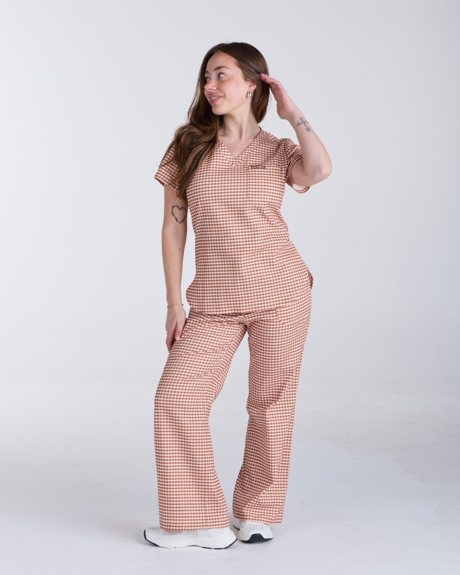 Tuck-In Scrub Top Cappuccino Gingham